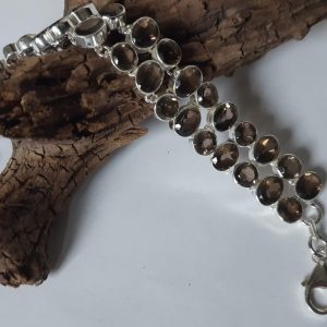 Handmade Large Smoky Quartz Bracelet with Faceted Genuine Stones & Sterling Silver – Adjustable Size