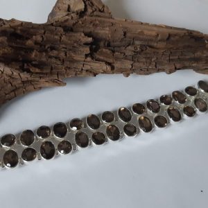 Handmade Large Smoky Quartz Bracelet with Faceted Genuine Stones & Sterling Silver – Adjustable Size
